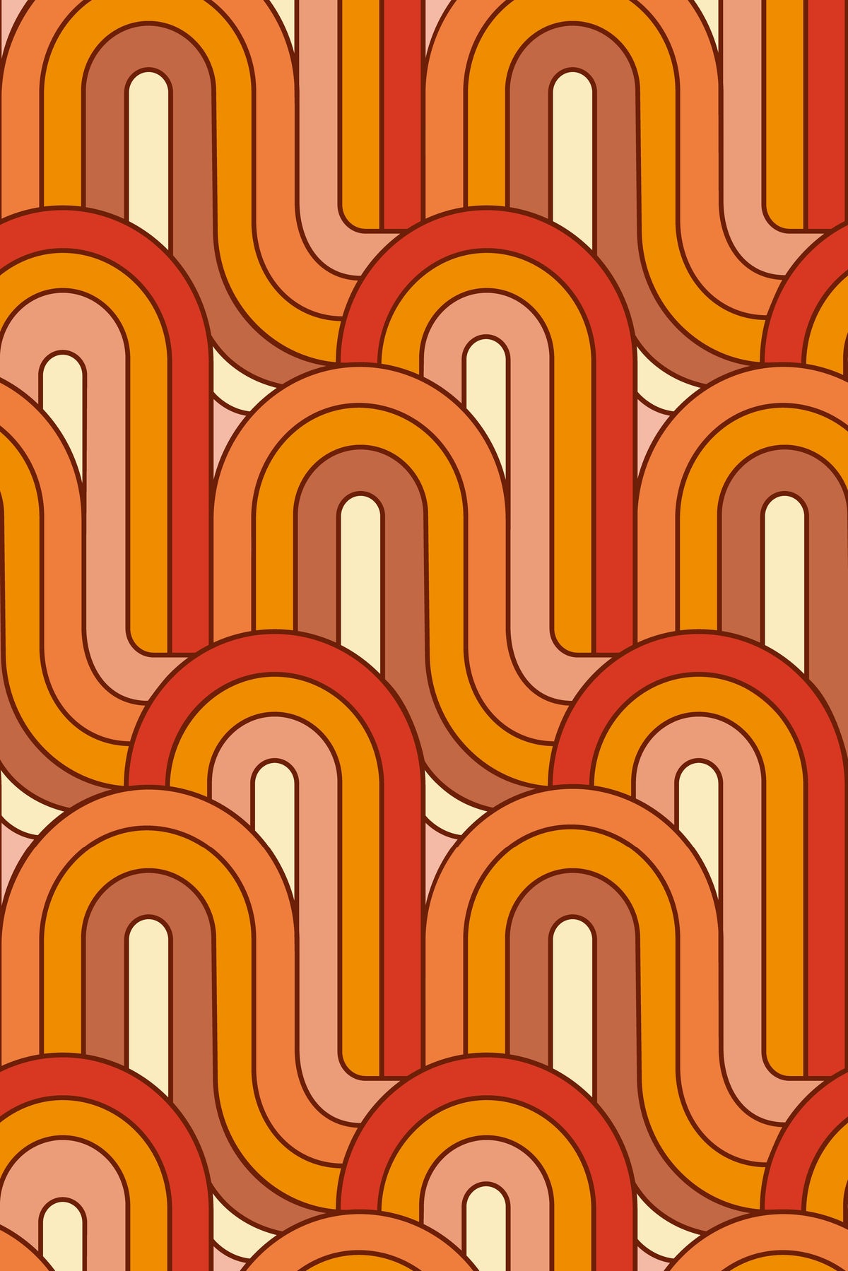 Retro geometric wallpaper with overlapping rounded arches in warm orange, red, peach, brown, and cream tones.