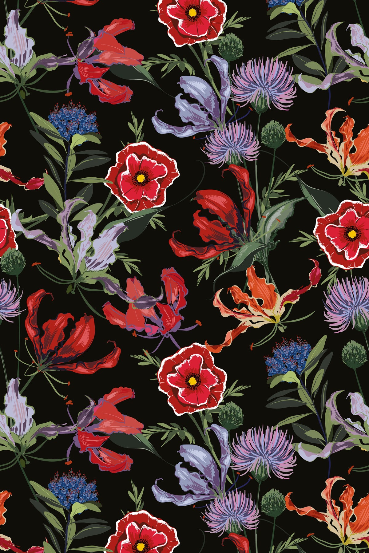 Colorful wildflower wallpaper pattern on a black background