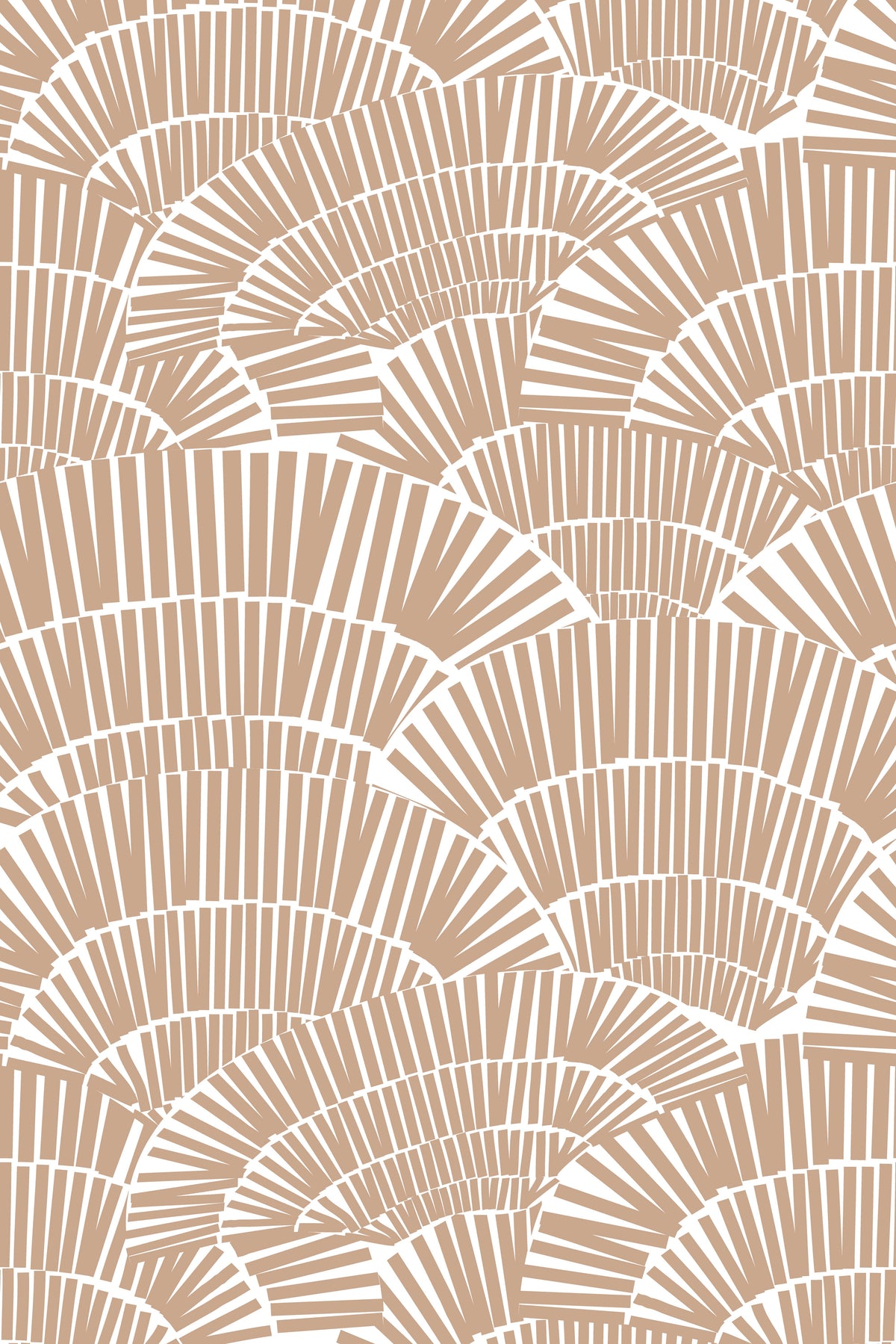 Warm tan-and-white wallpaper with overlapping fan-shaped geometric patterns and radiating stripes.