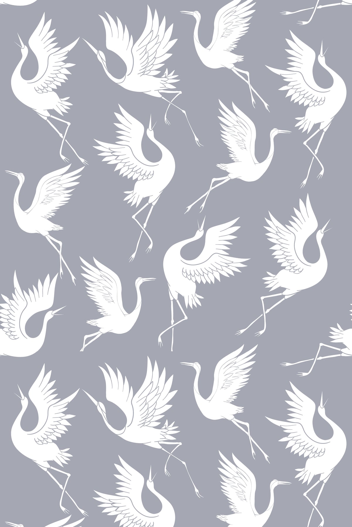Soft gray wallpaper with elegant white cranes in flight and standing poses