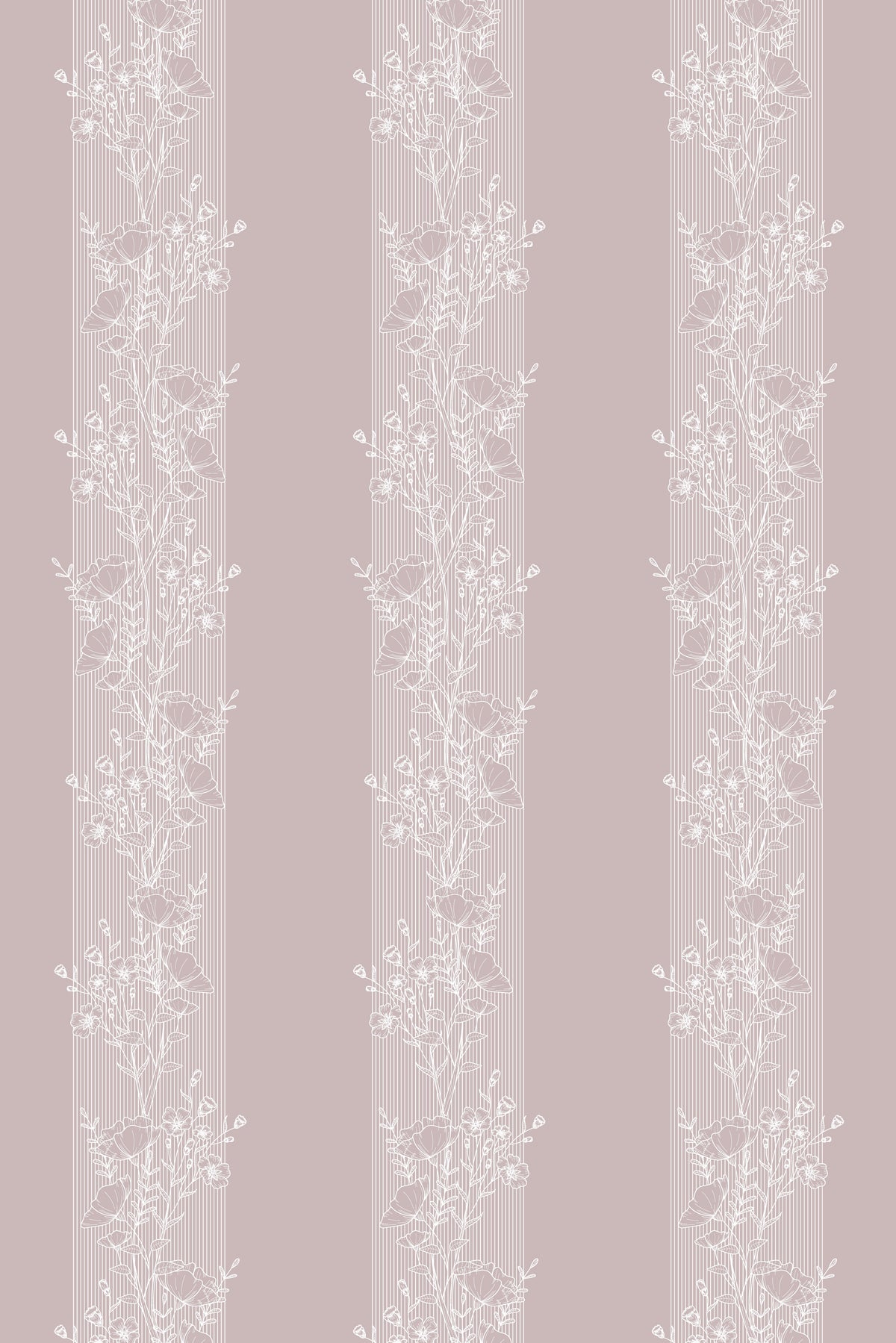 Dusty pink wallpaper with white floral linework arranged in repeating vertical striped columns.