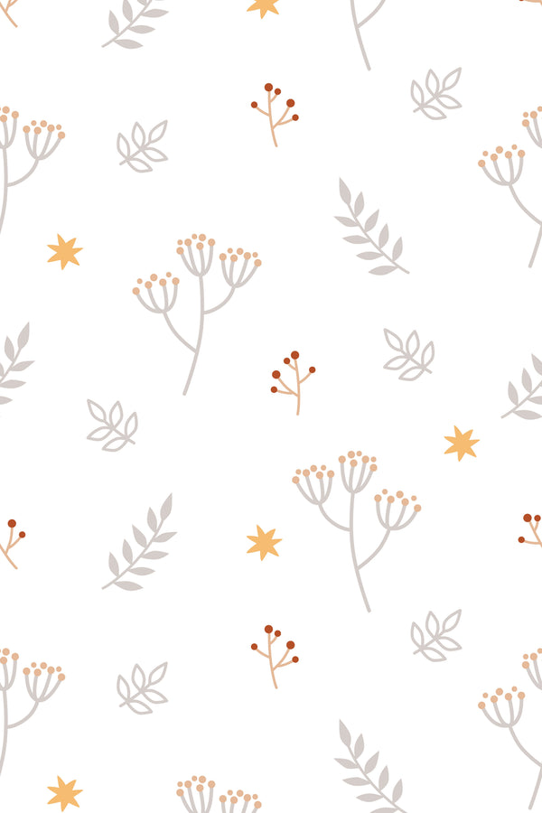 Minimal wallpaper with scattered gray leaves, peach sprigs, and star-shaped accents.