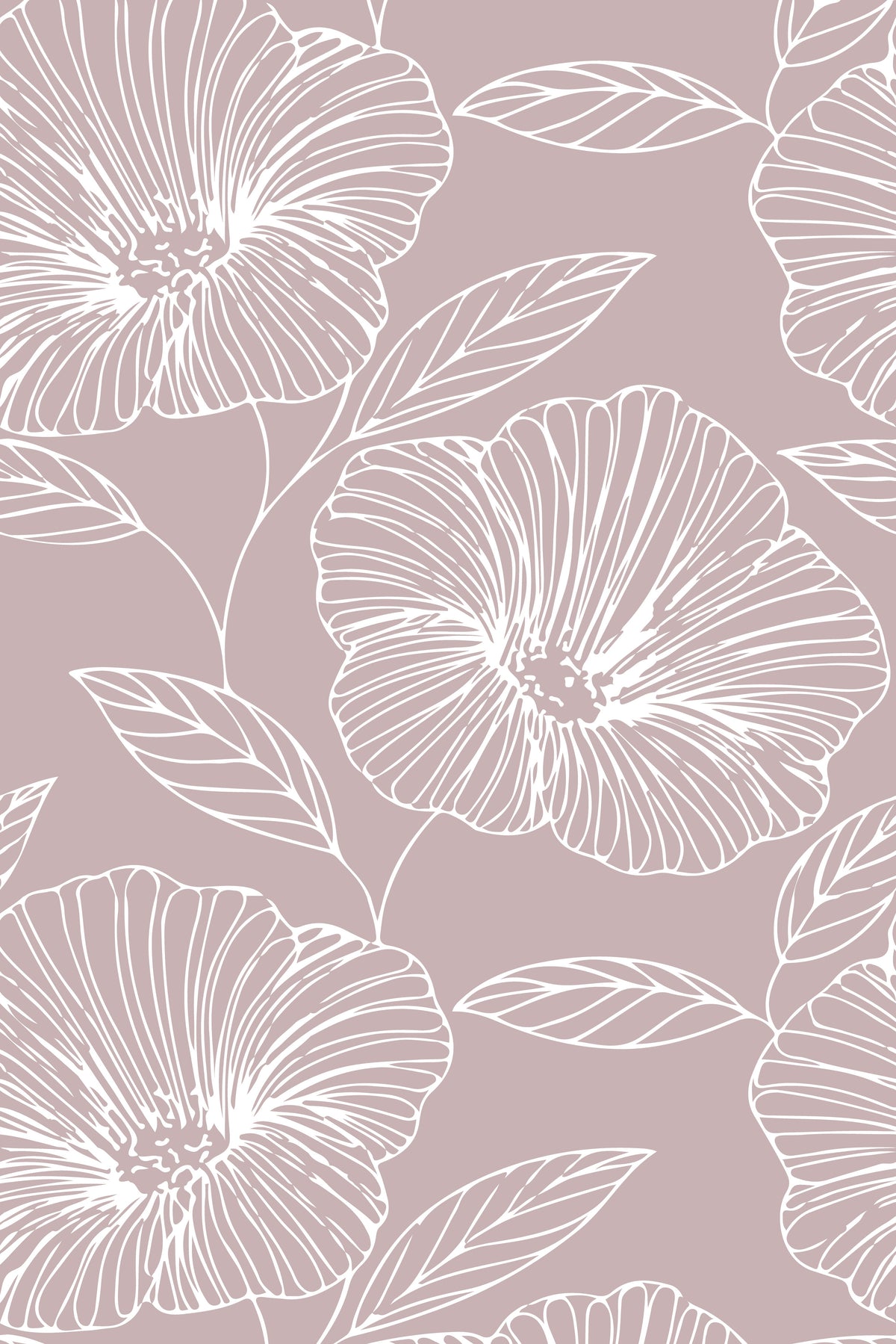 Dusty rose wallpaper with oversized white line-art flowers and flowing leafy stems.