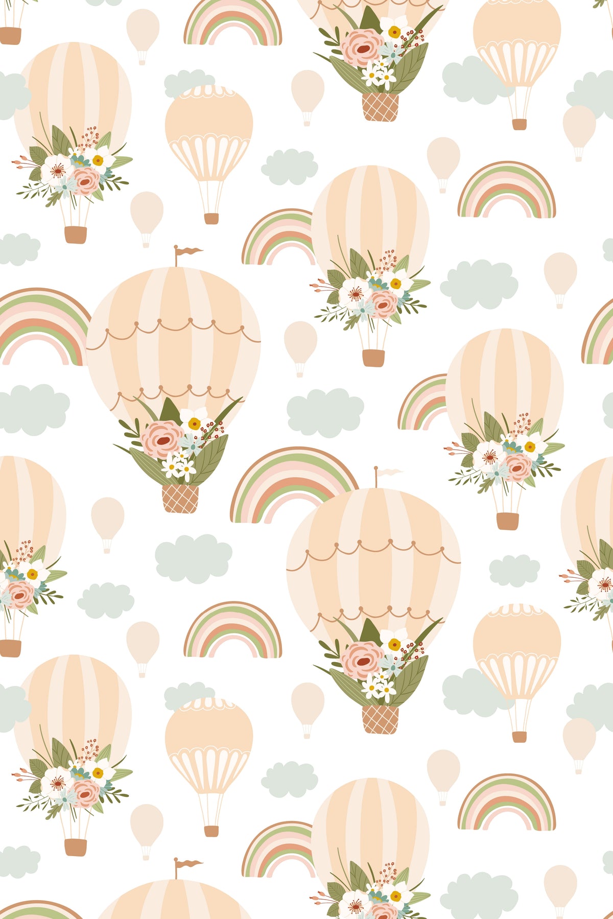 Wallpaper pattern with floral hot-air balloons, pastel rainbows, and soft clouds on a white background.