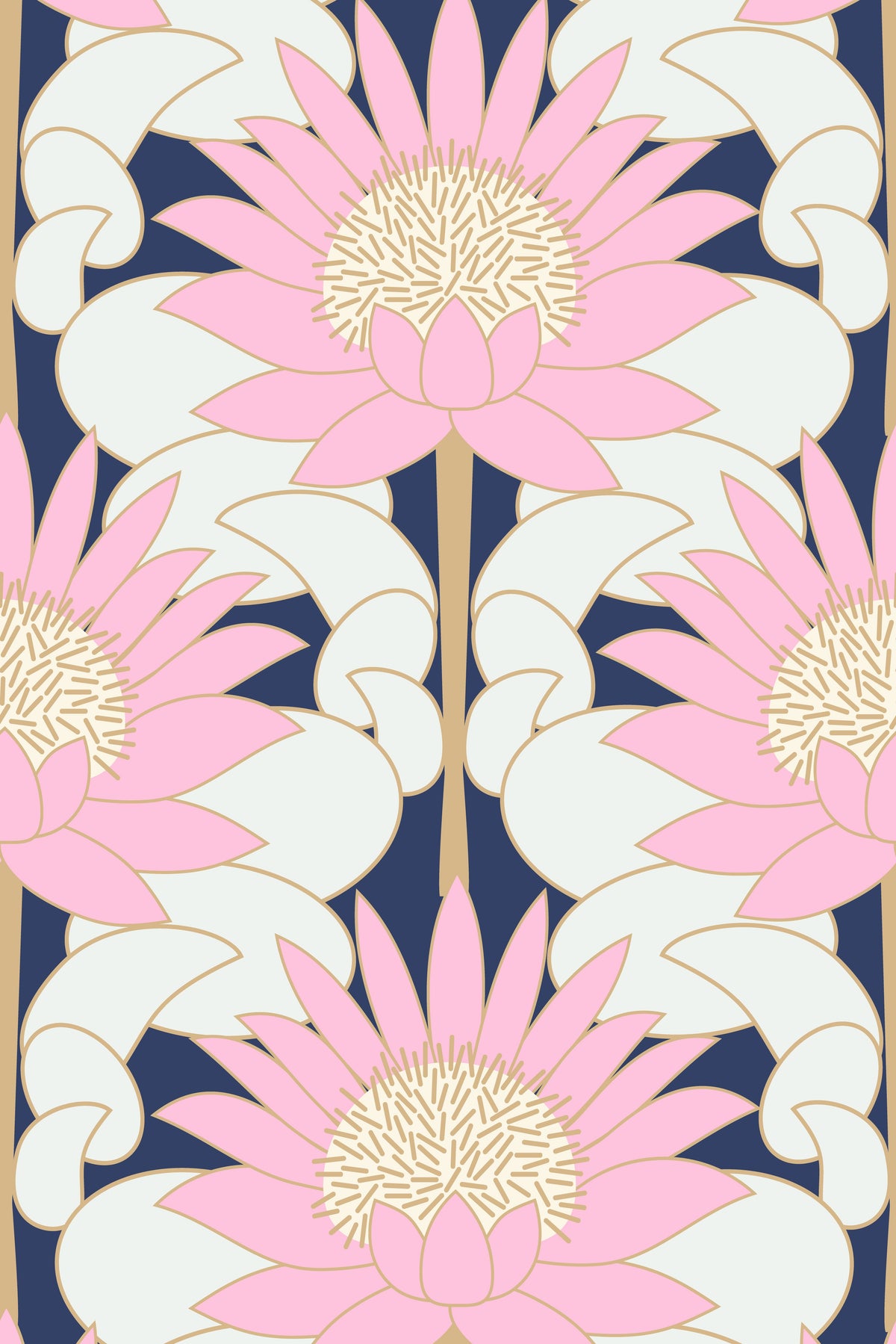 Pink lotus floral wallpaper pattern on a navy background