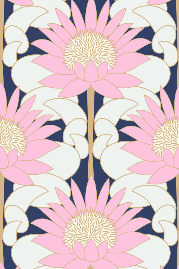 Pink lotus floral wallpaper pattern on a navy background