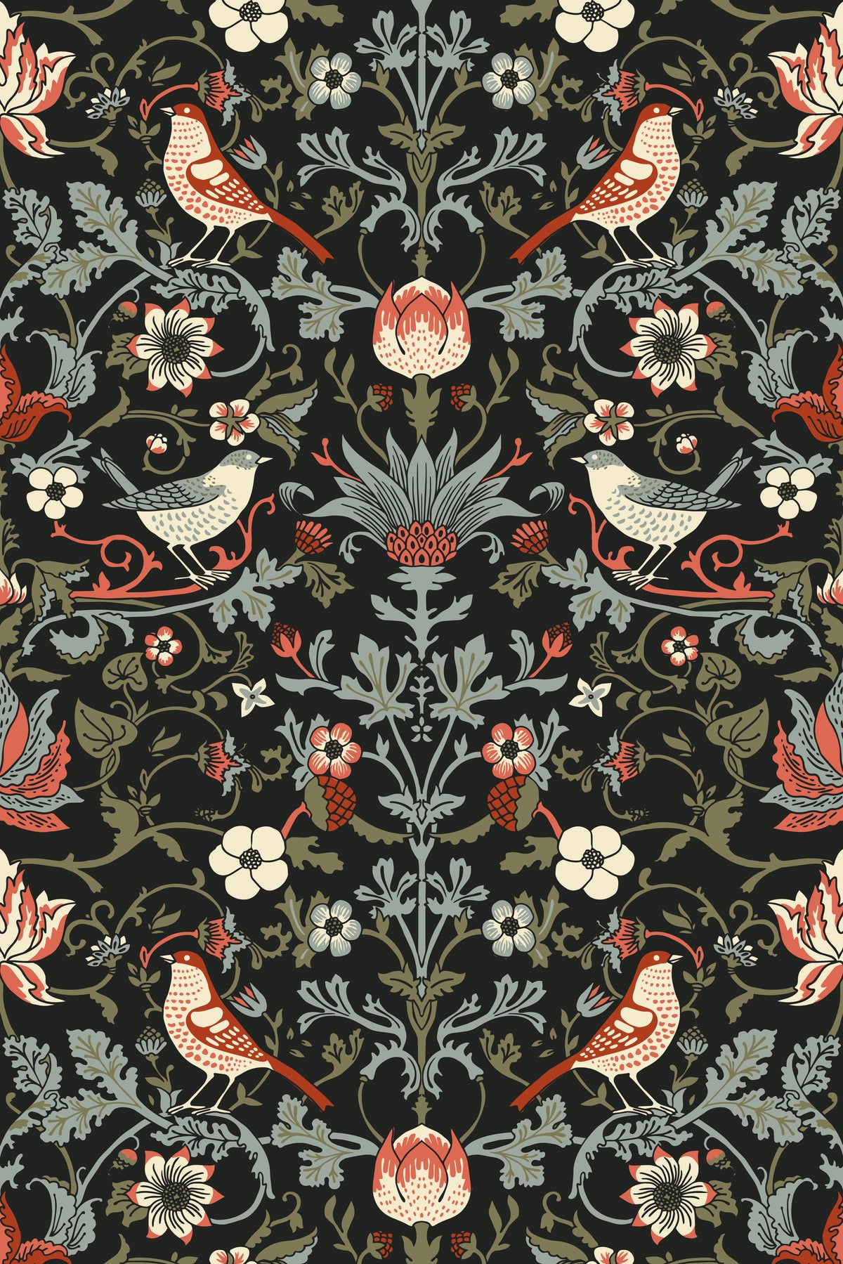 Vintage botanical wallpaper with birds, flowers, and foliage in sage green