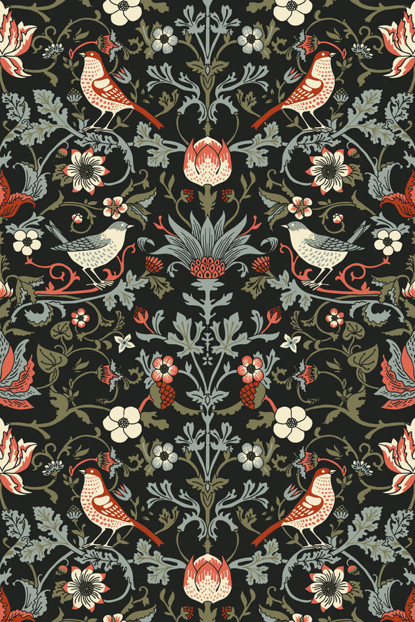 Vintage botanical wallpaper with birds, flowers, and foliage in sage green