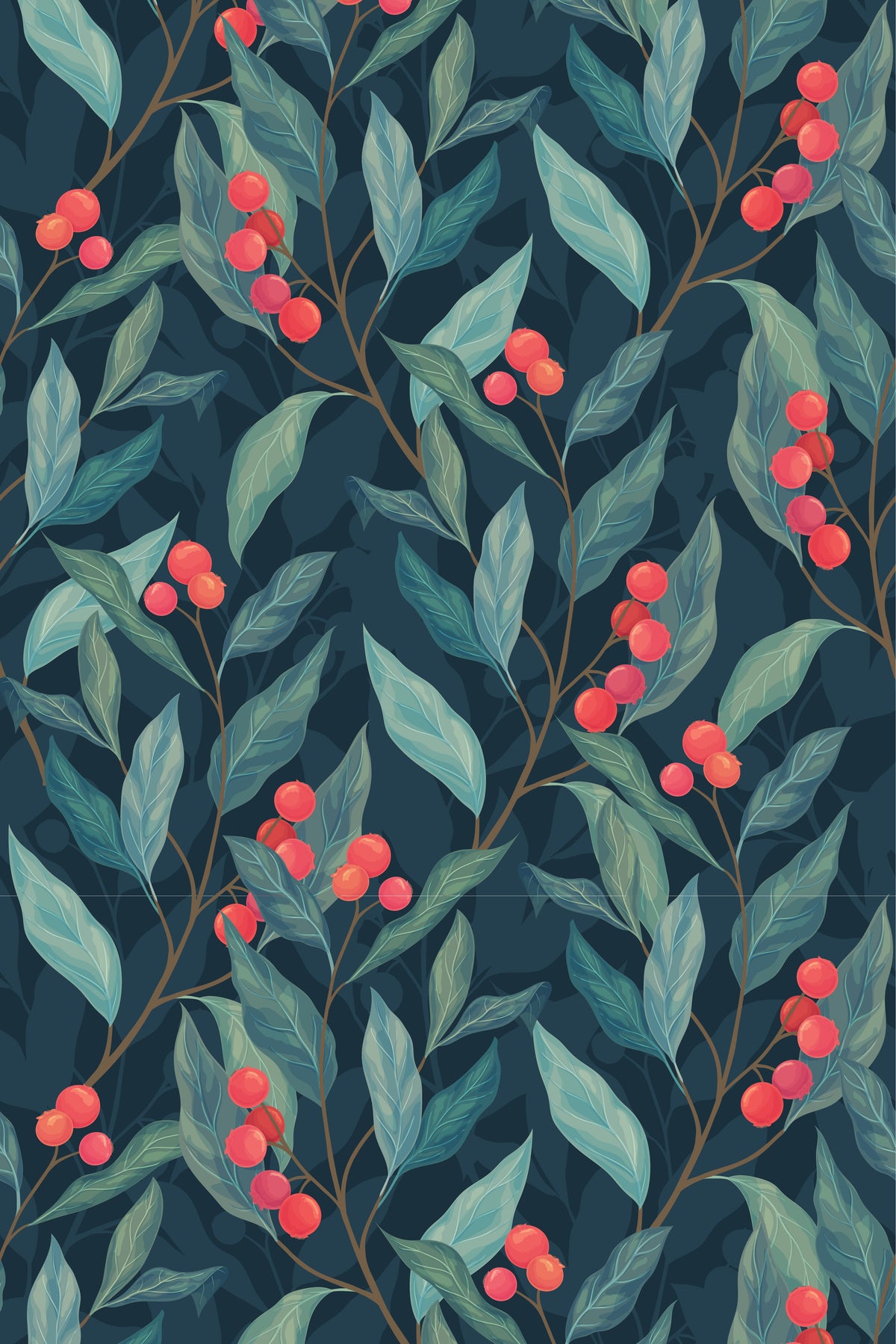 Dark green botanical wallpaper with leafy branches and bright red berries