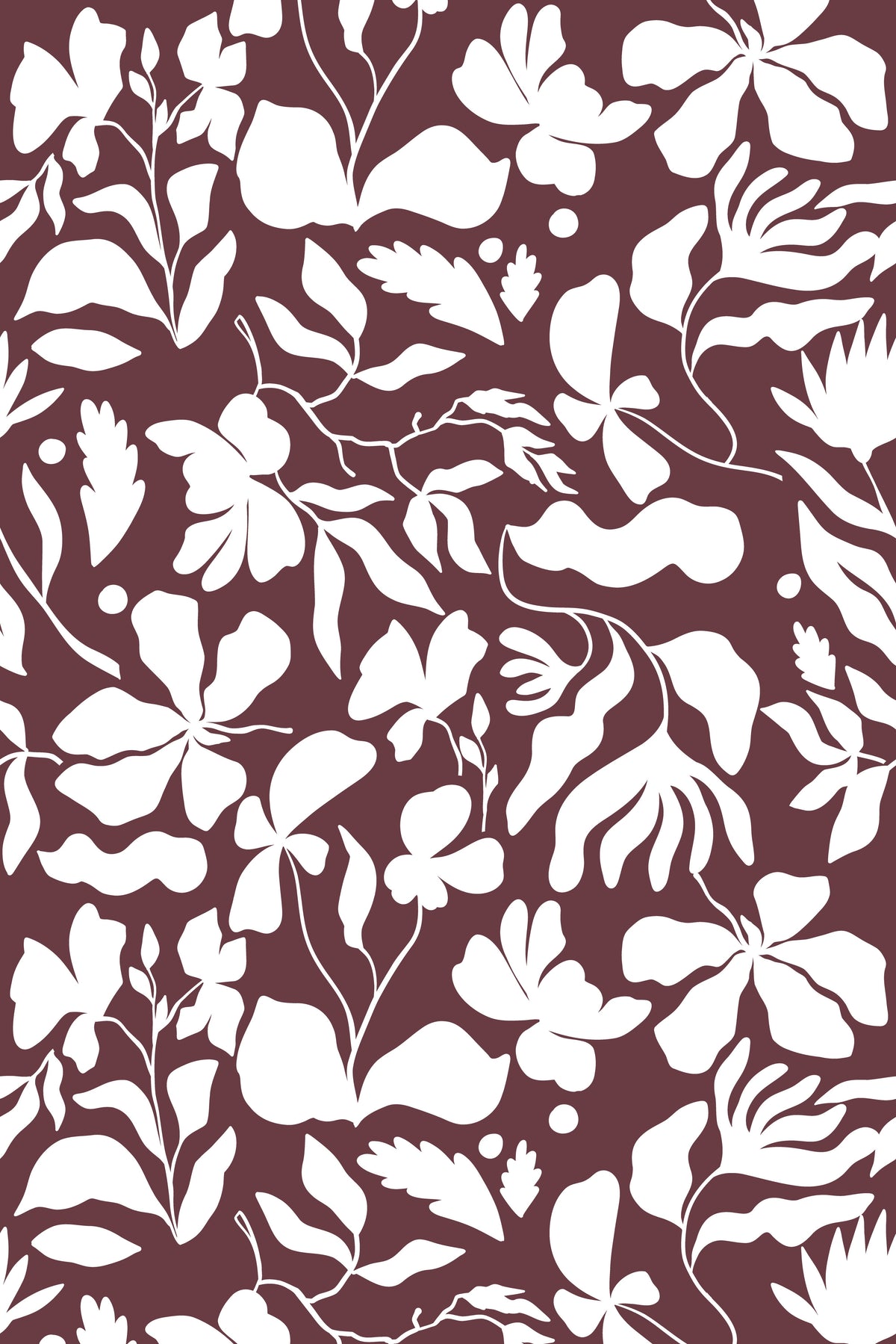 Deep burgundy wallpaper with bold white floral silhouettes and flowing botanical leaves