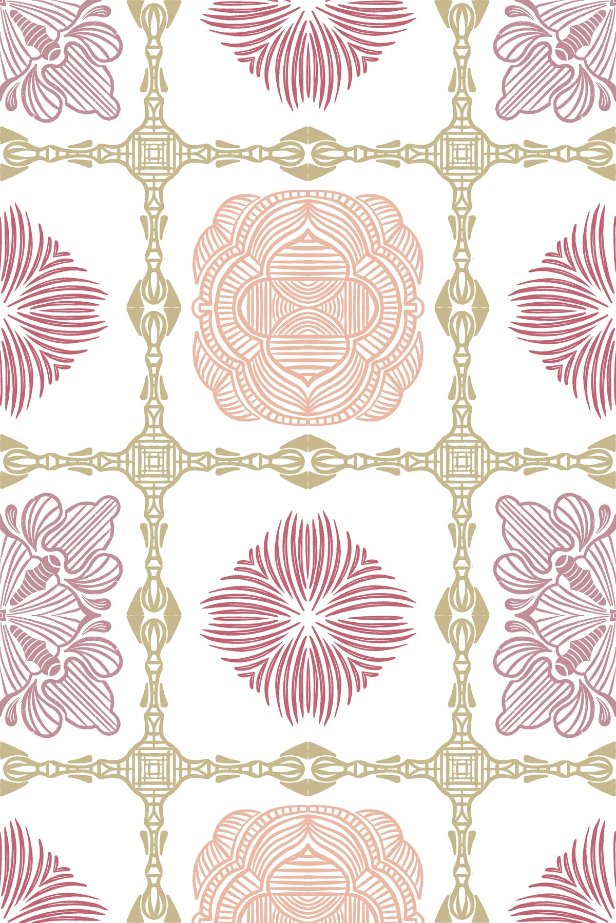 Ornamental wallpaper pattern with floral motifs and geometric details.