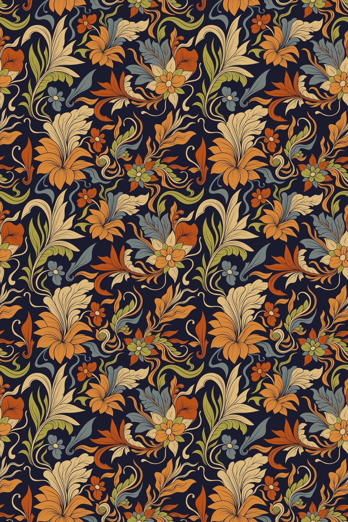 Dark floral wallpaper with orange, gold, and green botanical motifs.