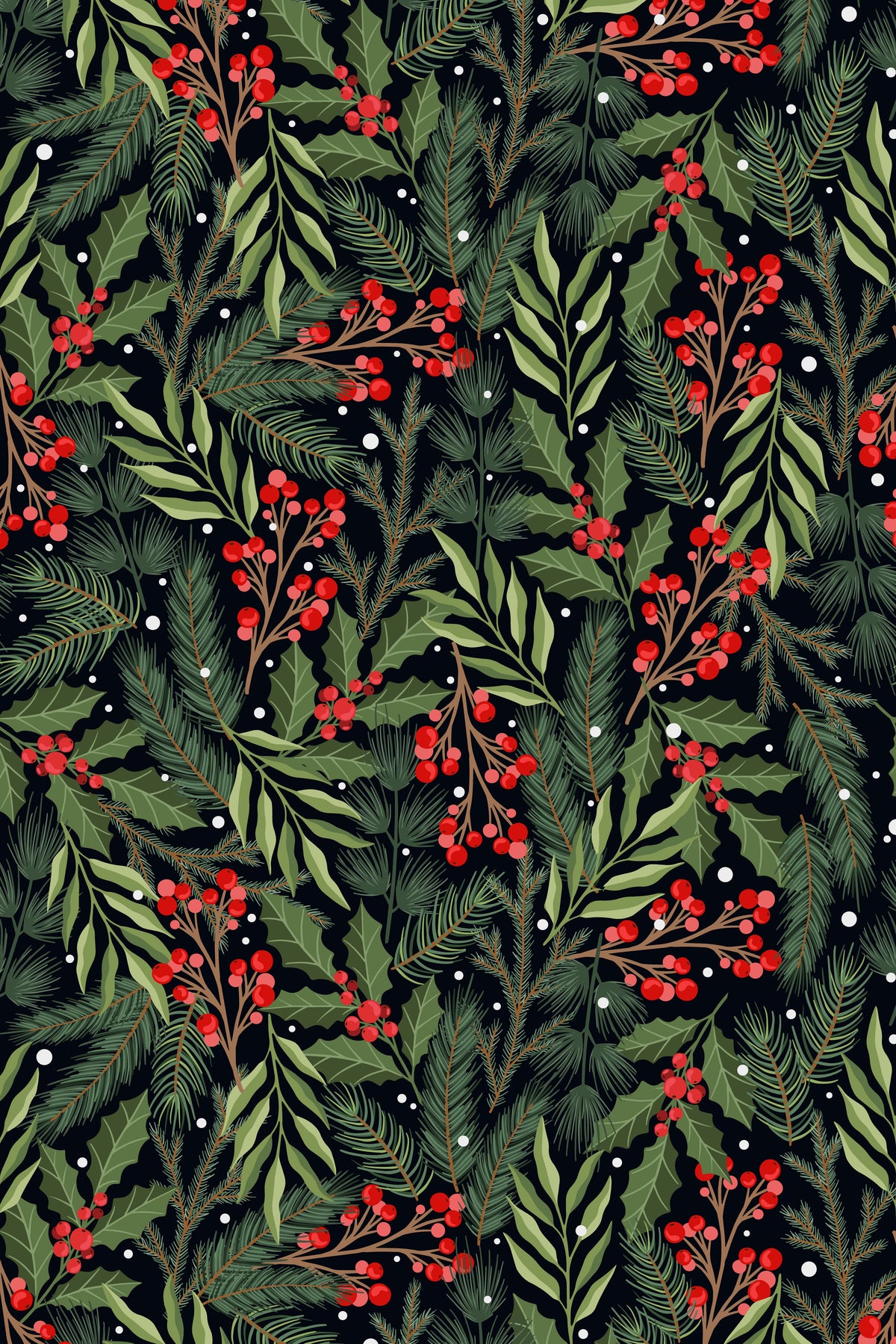 Festive wallpaper with holly, red berries, and evergreen branches on a dark background
