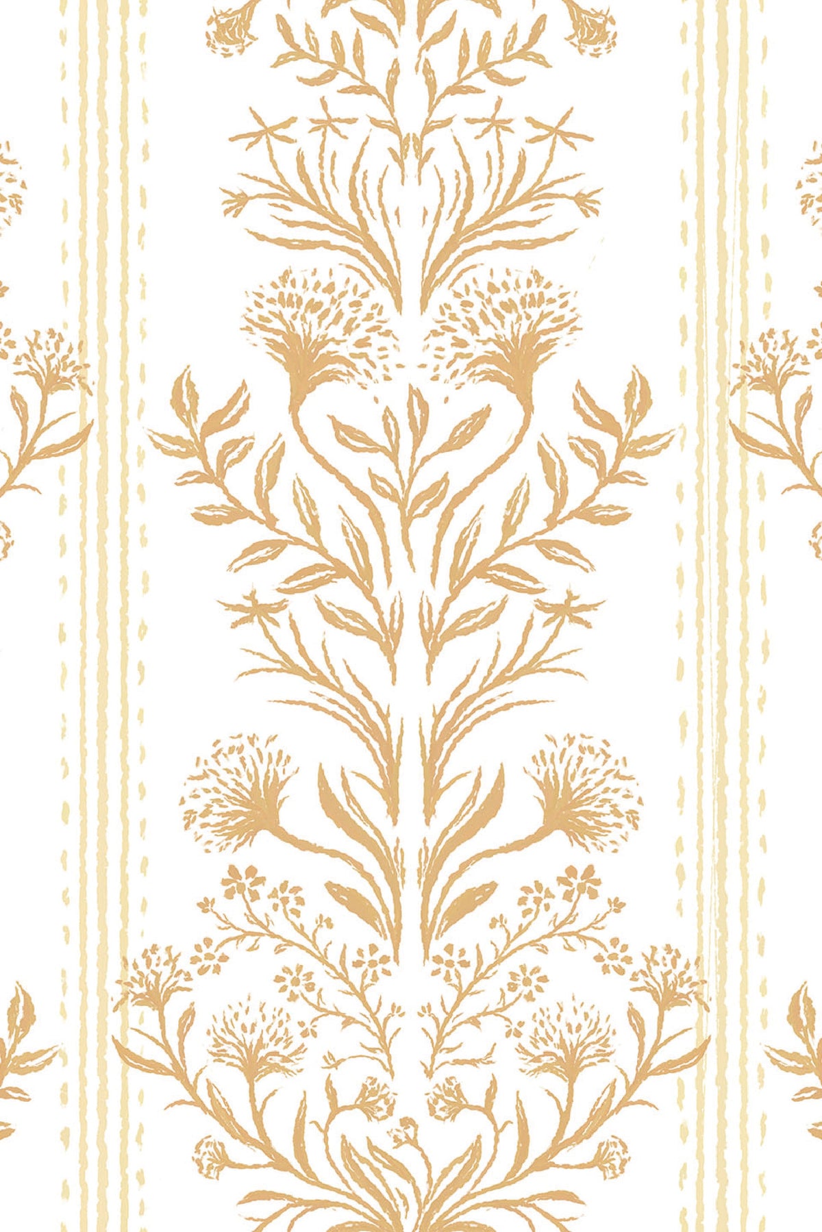 Golden  botanical wallpaper with hand-drawn flowers, leaves, and decorative stripes on a white background
