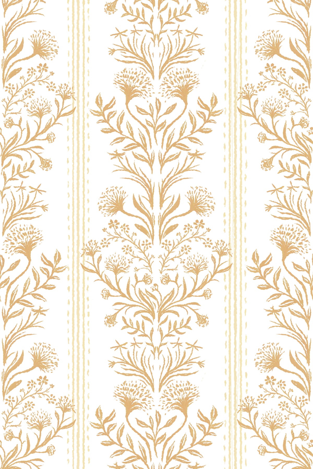 Golden  botanical wallpaper with hand-drawn flowers, leaves, and decorative stripes on a white background