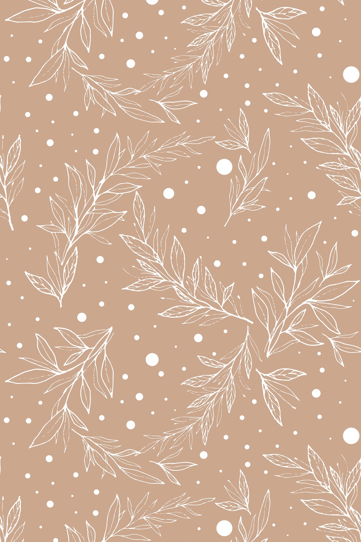 Tan botanical wallpaper with white leafy branches and scattered polka dots