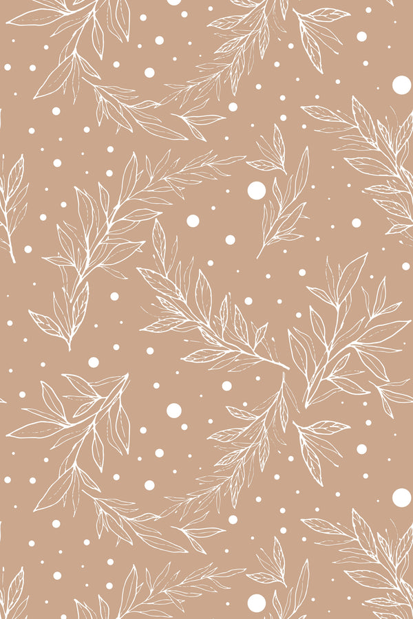 Tan botanical wallpaper with white leafy branches and scattered polka dots