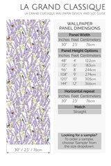 whimsical bird in lavander pattern peel and stick wallpaper specifiation