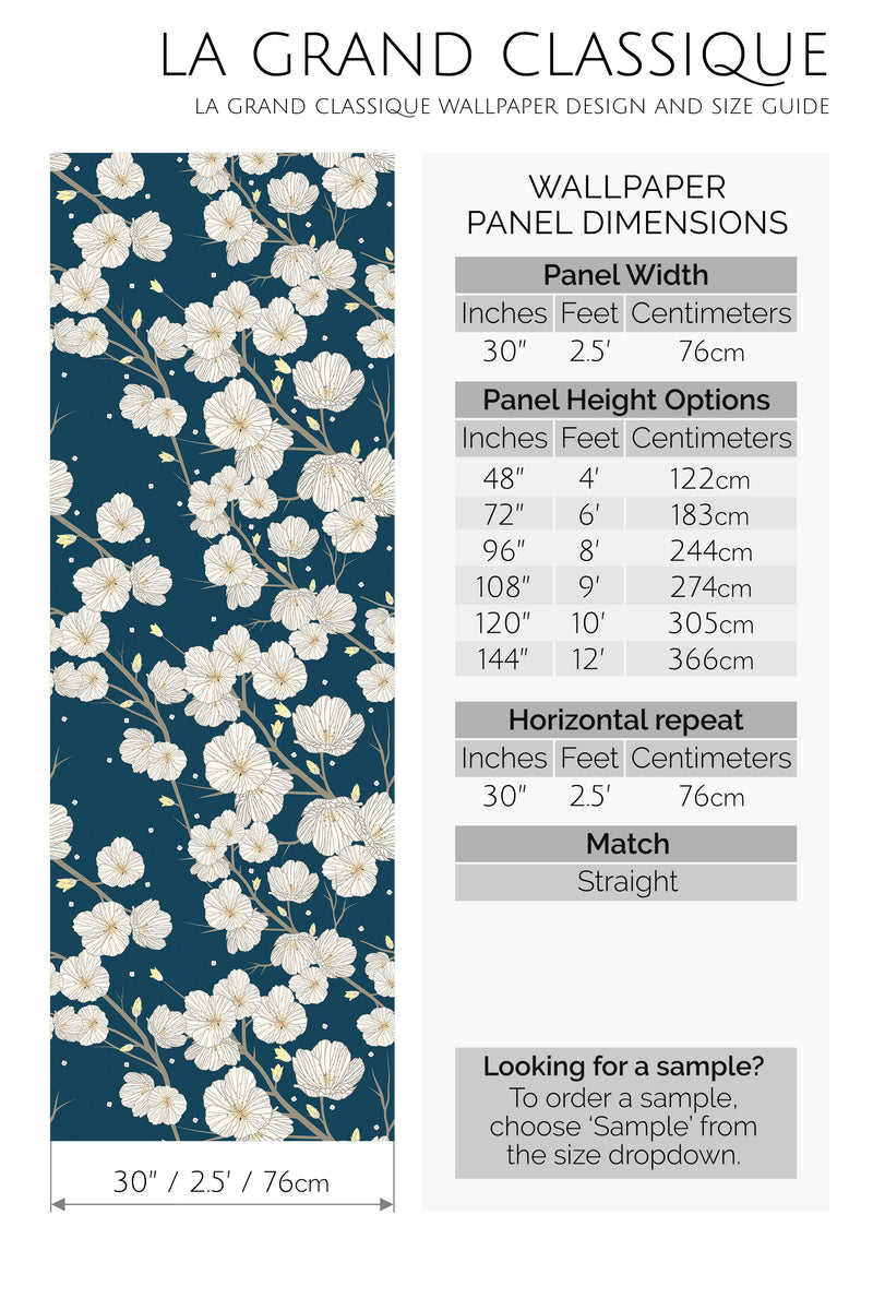 dark blue floral peel and stick wallpaper specifiation