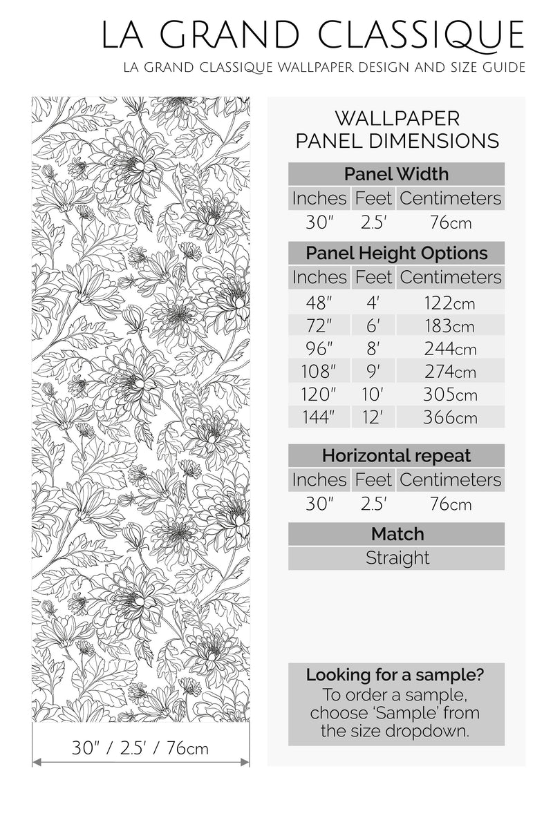 vintage floral line art peel and stick wallpaper specifiation