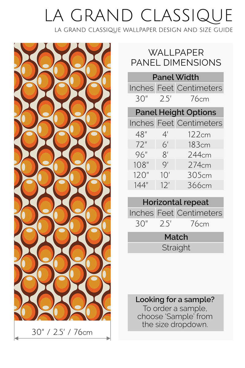 orange retro circle peel and stick wallpaper specifiation