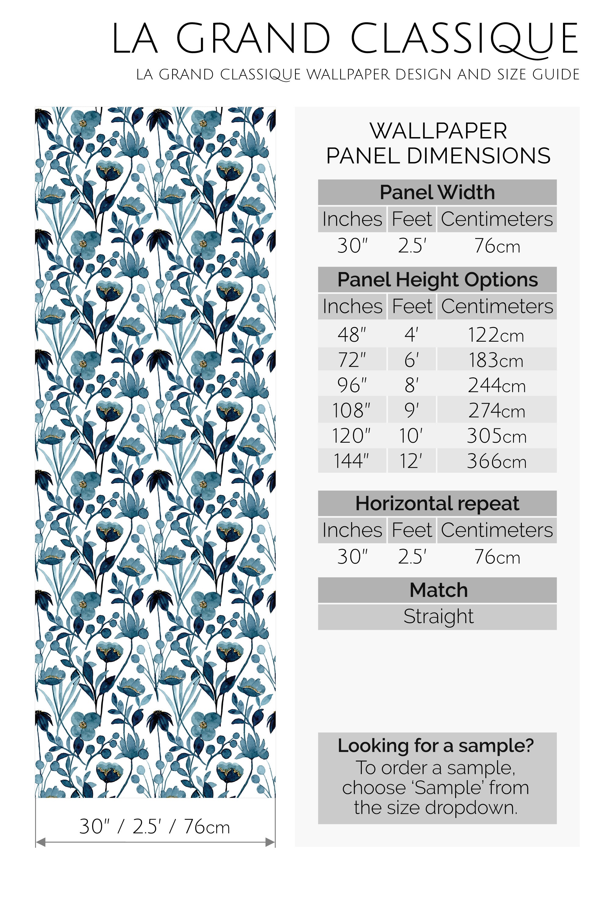 blue watercolor floral peel and stick wallpaper specifiation