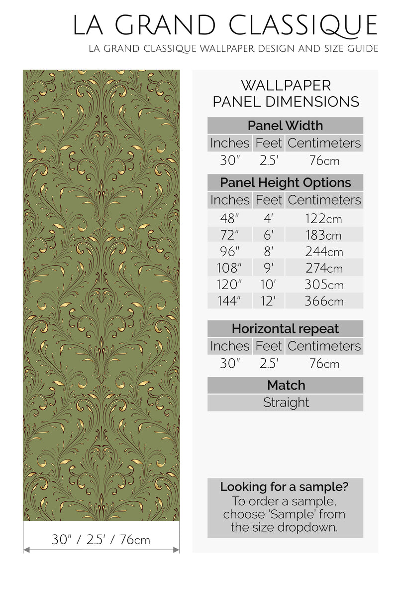 olive green damask peel and stick wallpaper specifiation