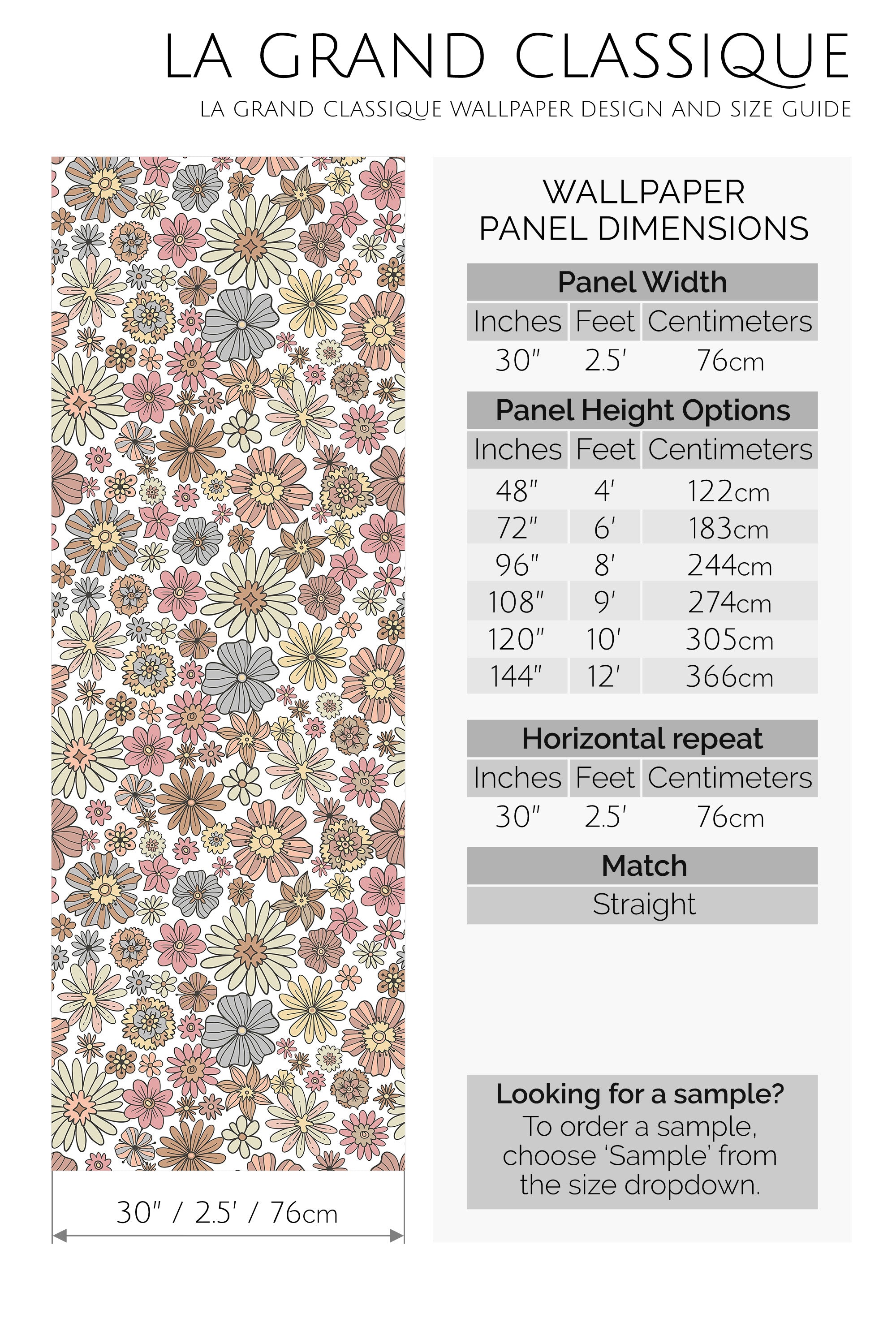 neutral retro floral peel and stick wallpaper specifiation