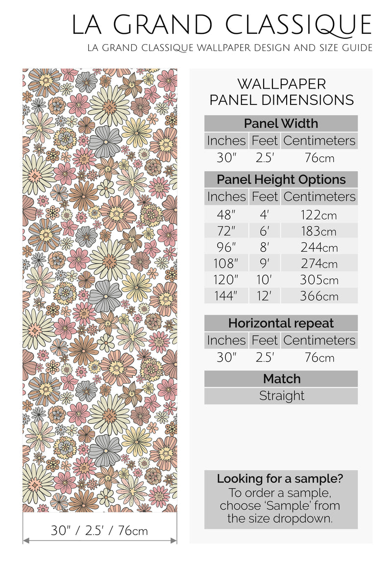 neutral retro floral peel and stick wallpaper specifiation