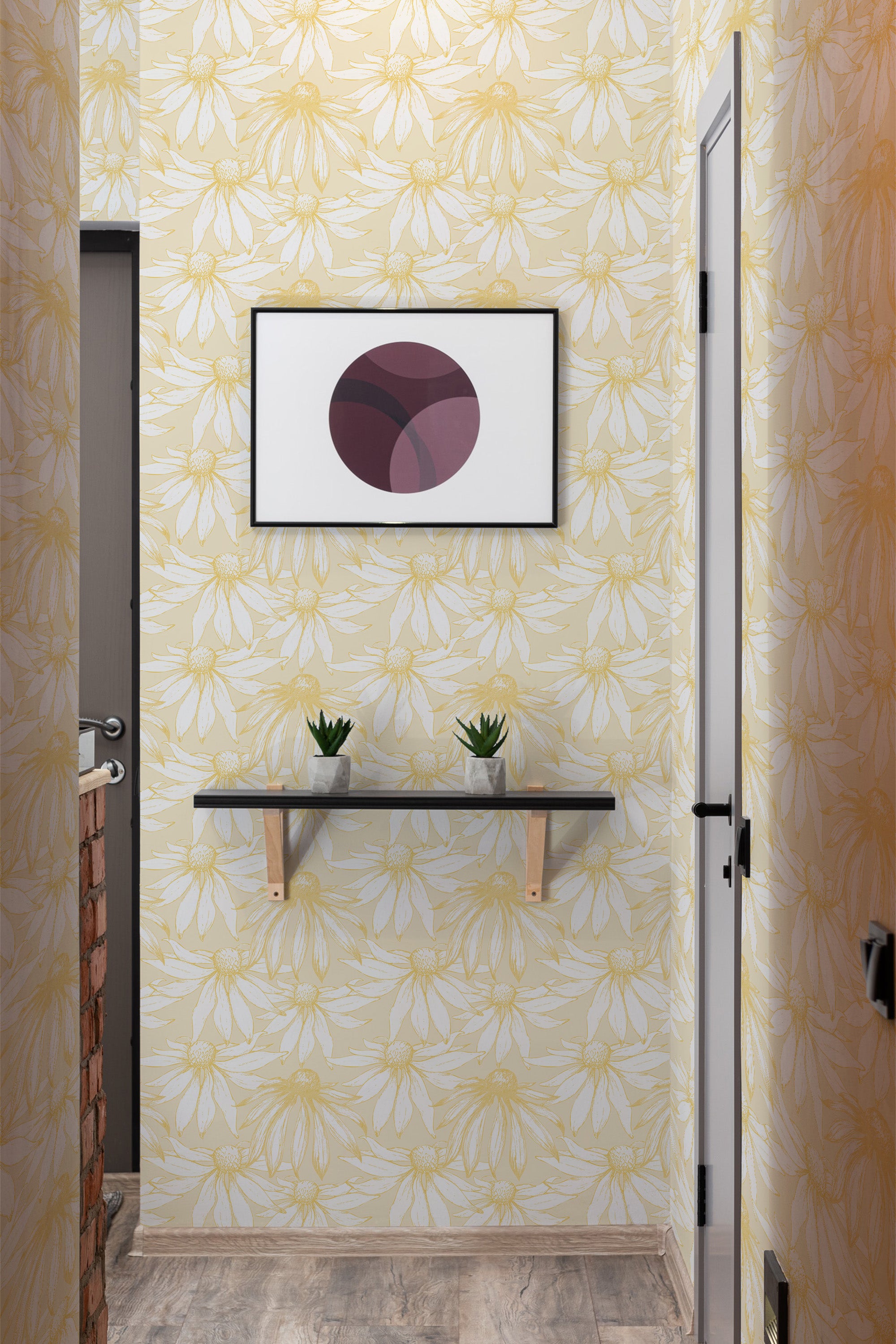 A room with wallpaper adorned with a Vintage daisies pattern, emphasizing delicate, soft yellow and white floral elements against a light background with a muted, classic design. Traditional wallpaper.