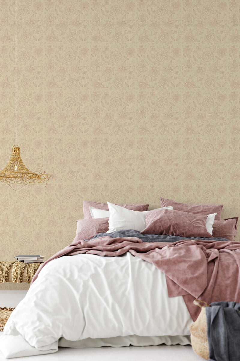 An intricate, soft beige wallpaper adorned with delicate vintage floral patterns, adding a subtle, timeless elegance to the room's decor. Traditional wallpaper.