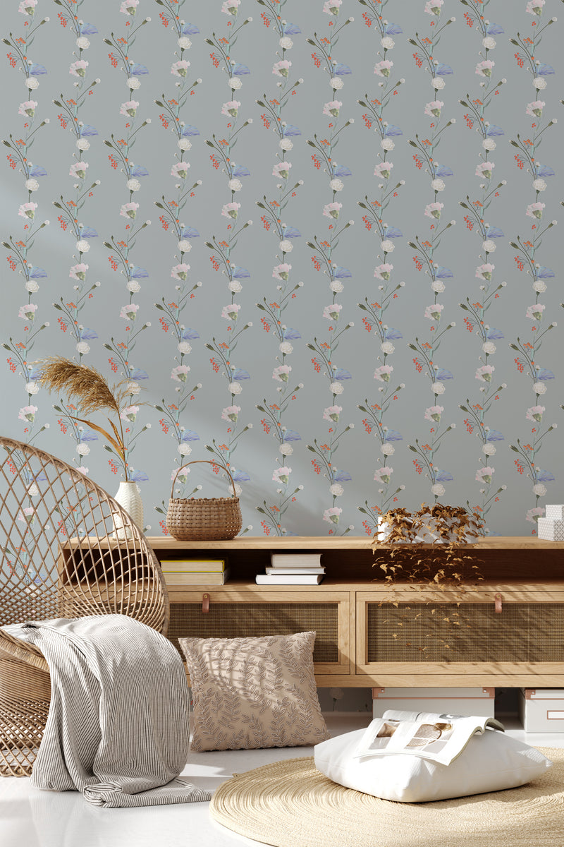 A wallpaper with a delicate pattern of vertical floral vines in soft blue, white, and red tones on a muted grey background, complementing the room's serene atmosphere. Traditional wallpaper.