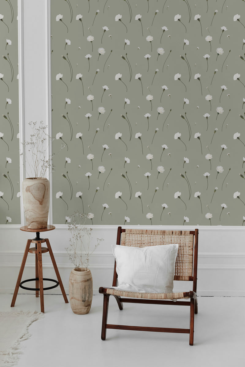 Green wallpaper with a delicate pattern of white carnation flowers and slender stems, bringing a subtle and elegant floral touch to the room. Traditional wallpaper.