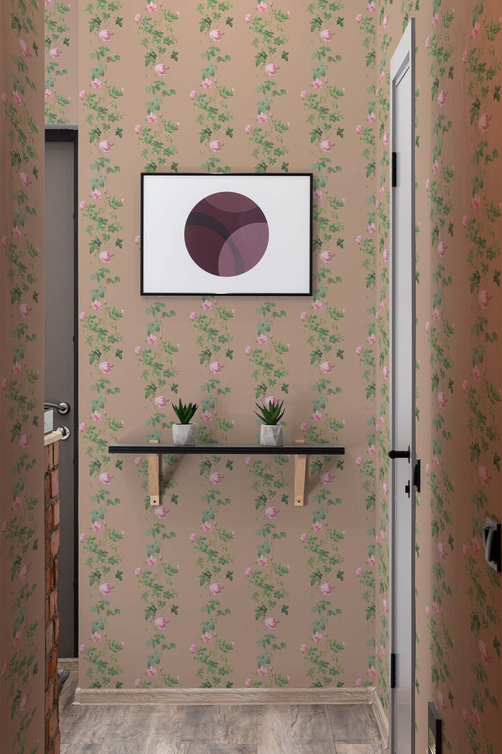 Rose vine wallpaper with a repeating pattern of delicate pink roses, green leaves, and trailing vines on a soft beige background, creating a classic and timeless look, traditional wallpaper.