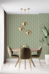 Wallpaper with a repeating pattern of green fern leaves in a wave-like arrangement, creating a natural, soothing ambiance. Traditional wallpaper.