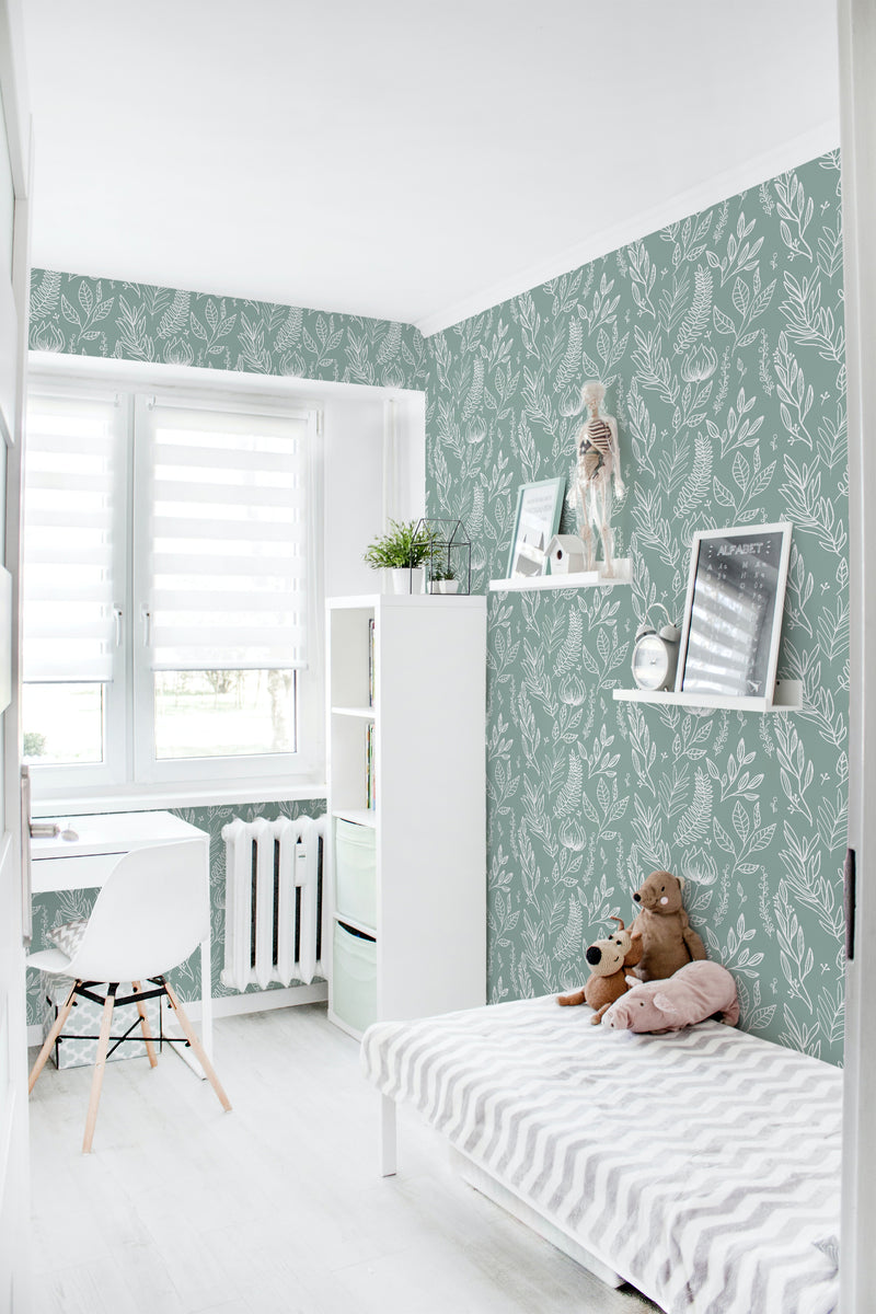 A light-filled nursery room with walls covered in a pastel sage green wallpaper adorned with white botanical patterns, giving a serene and traditional feel to the space. Traditional wallpaper.