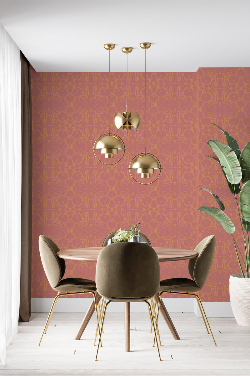 A room with Victorian flower ornament wallpaper in warm tones with intricate patterns, giving the space a classic and elegant ambiance, traditional wallpaper.