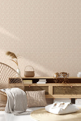 A warm-hued room with Abstract coral design wallpaper, intertwining geometric shapes on the wall, giving the space a modern yet traditional wallpaper ambiance.