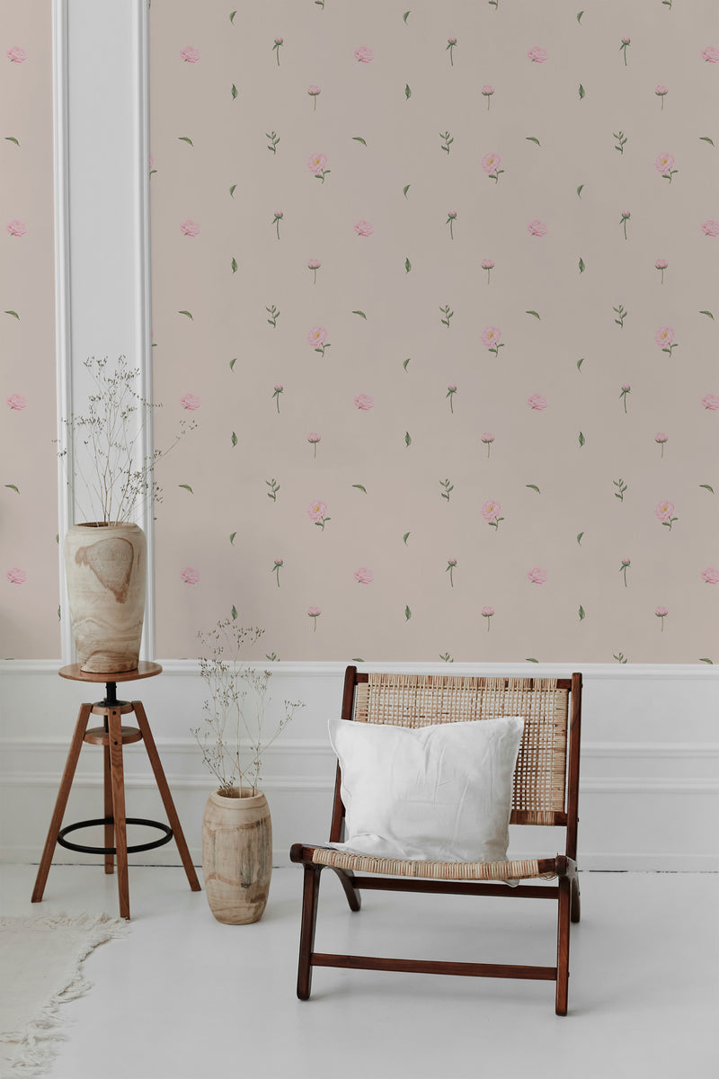 Pastel pink roses and small green leaves scattered on a neutral background, giving a soft, romantic feel to the room with Nursery roses traditional wallpaper.