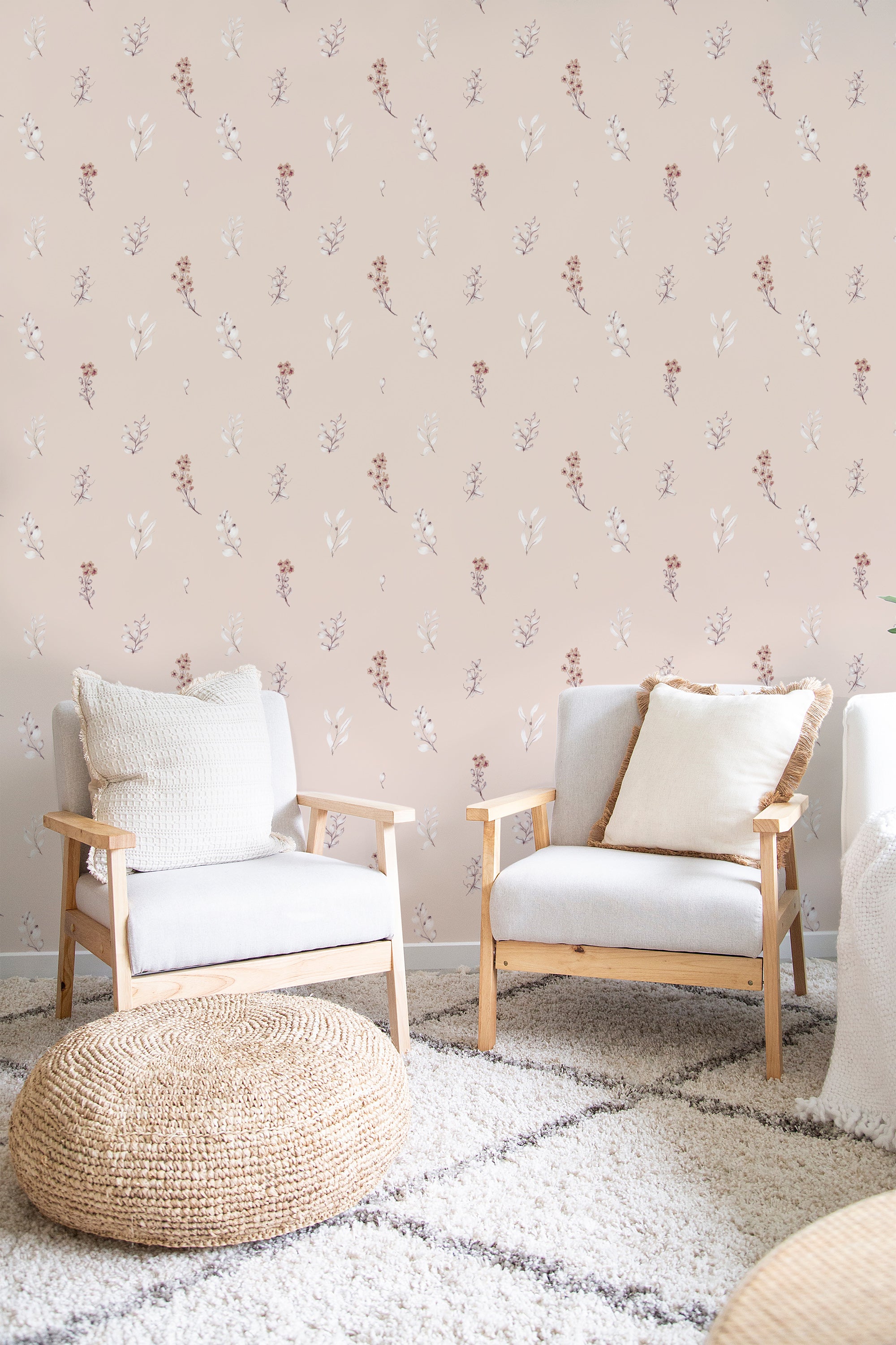 A room with walls covered in a Minimal flying flowers wallpaper design, including simple floral patterns with small birds, in subtle colors, giving a serene, traditional wallpaper ambiance.