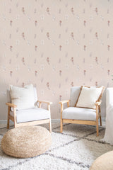 A room with walls covered in a Minimal flying flowers wallpaper design, including simple floral patterns with small birds, in subtle colors, giving a serene, traditional wallpaper ambiance.