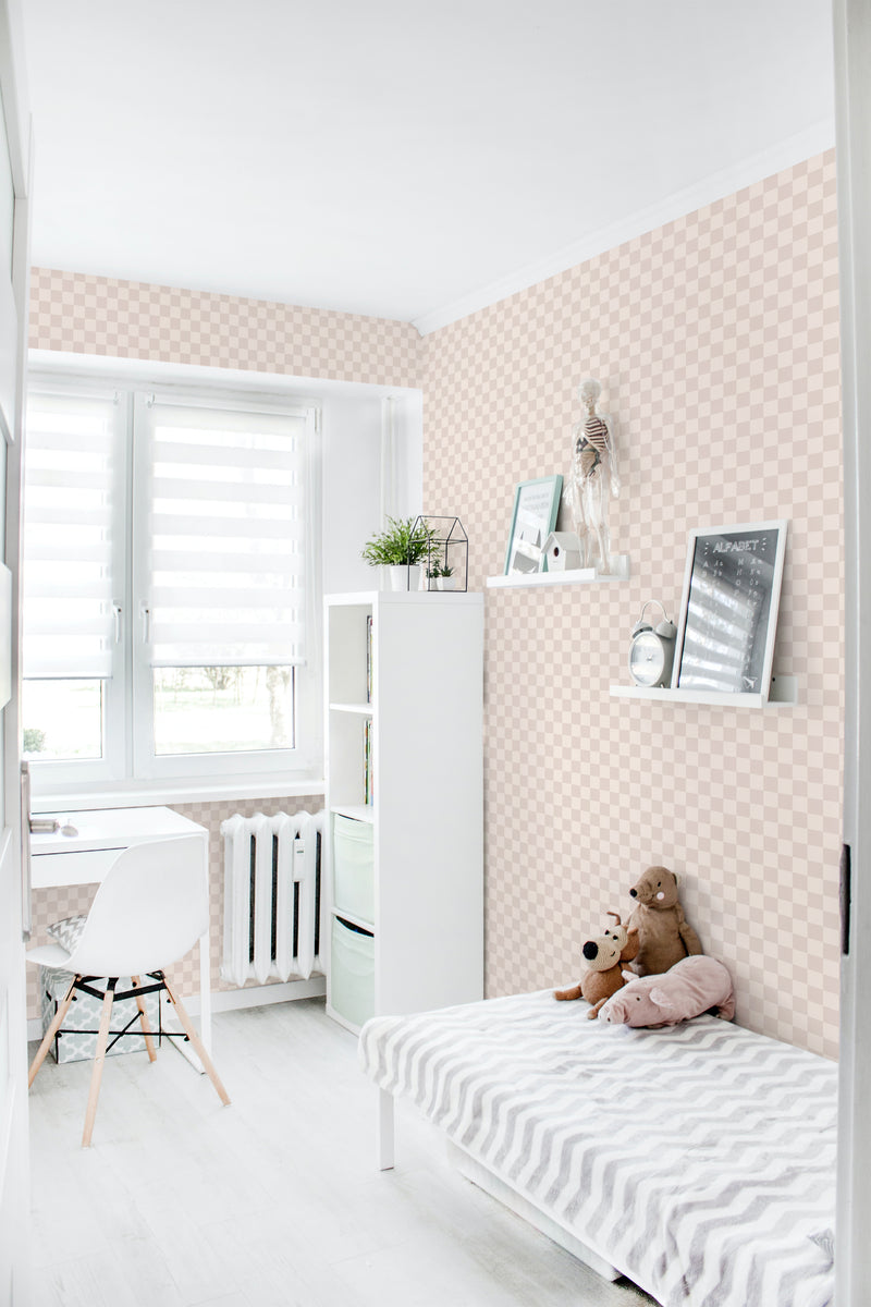 A cozy room with walls adorned in neutral check-patterned wallpaper, complemented by white trim and furnishings, embodying a classic and traditional wallpaper aesthetic.