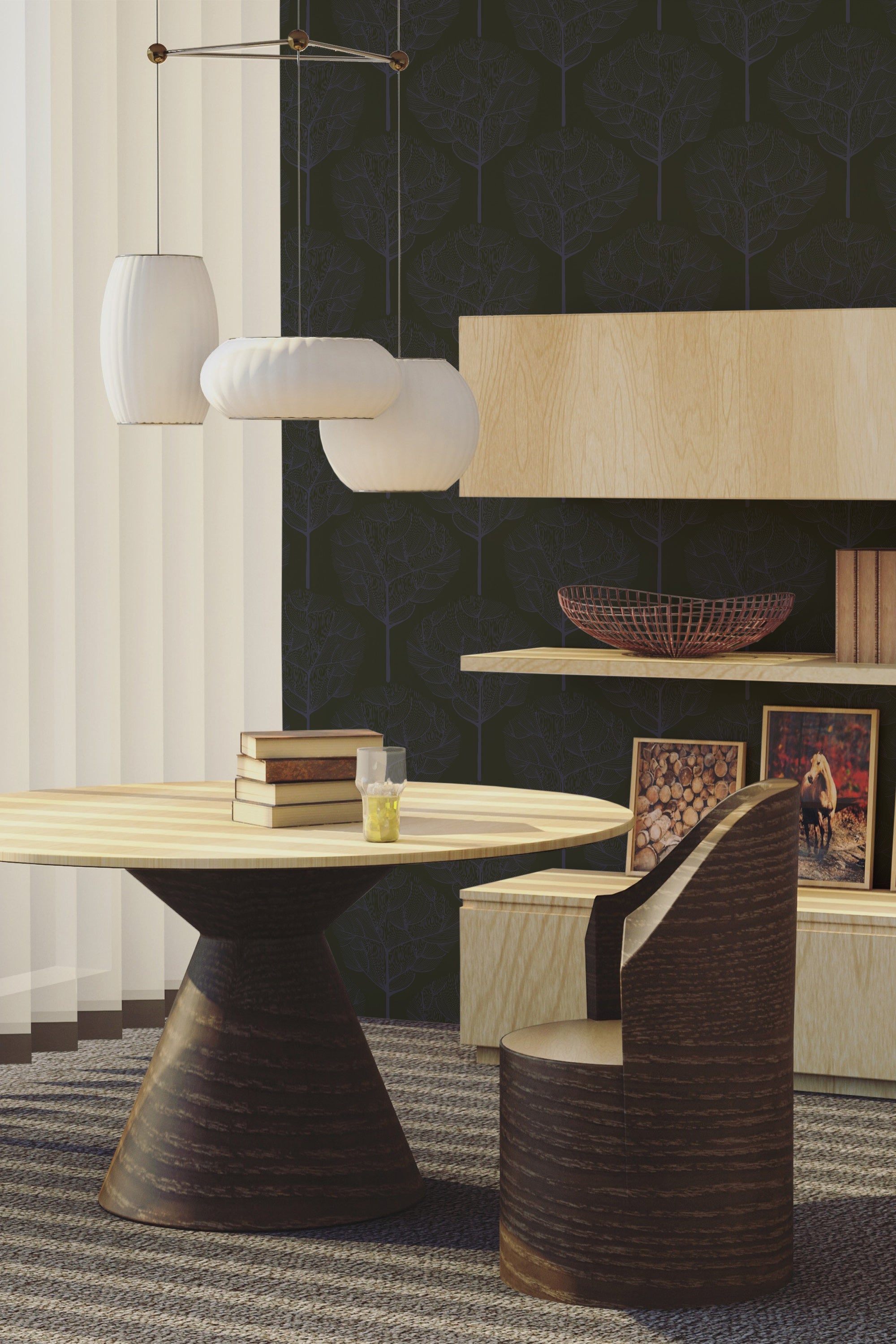 A room with dark blue wallpaper adorned with an oak tree pattern, complemented by wooden furniture and stylish decor, traditional wallpaper.