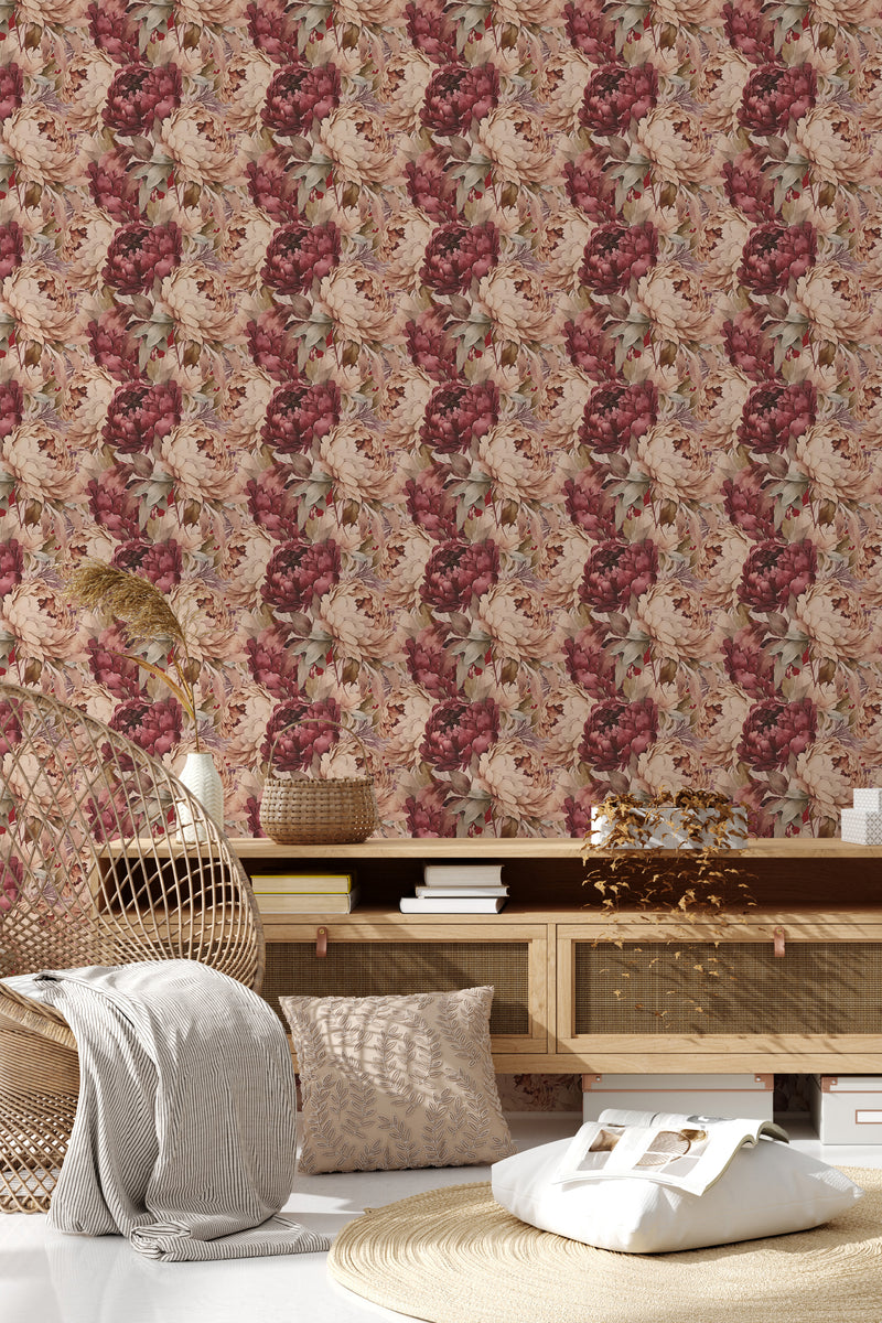 A room with dark burgundy botanical wallpaper, with a pattern of dense, lush florals against a lighter background, adding an elegant touch to the decor. Traditional wallpaper.