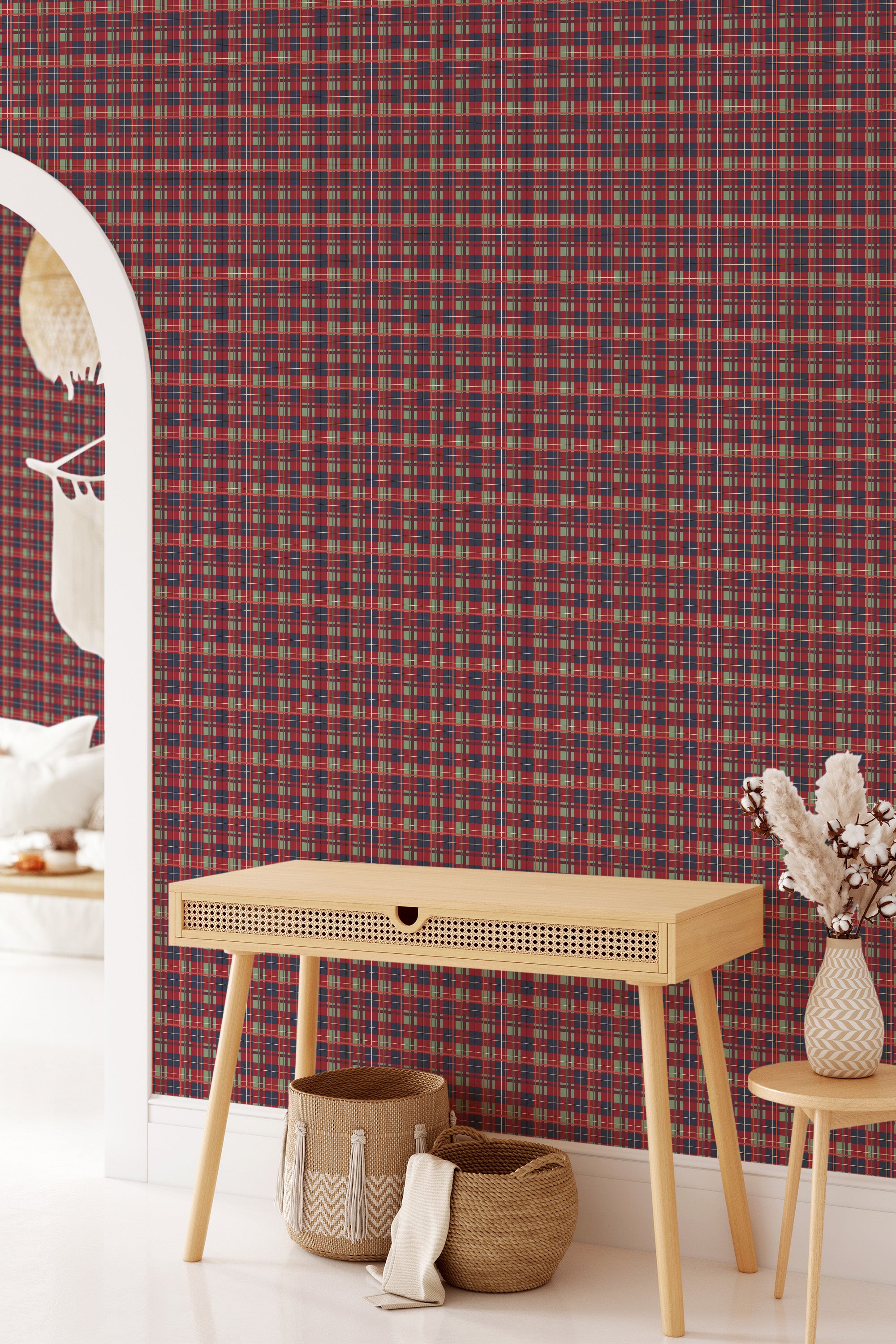 Burgundy plaid design wallpaper with intersecting dark and light lines creating smaller squares, adding a warm, classic touch to the room's d��cor as a traditional wallpaper.