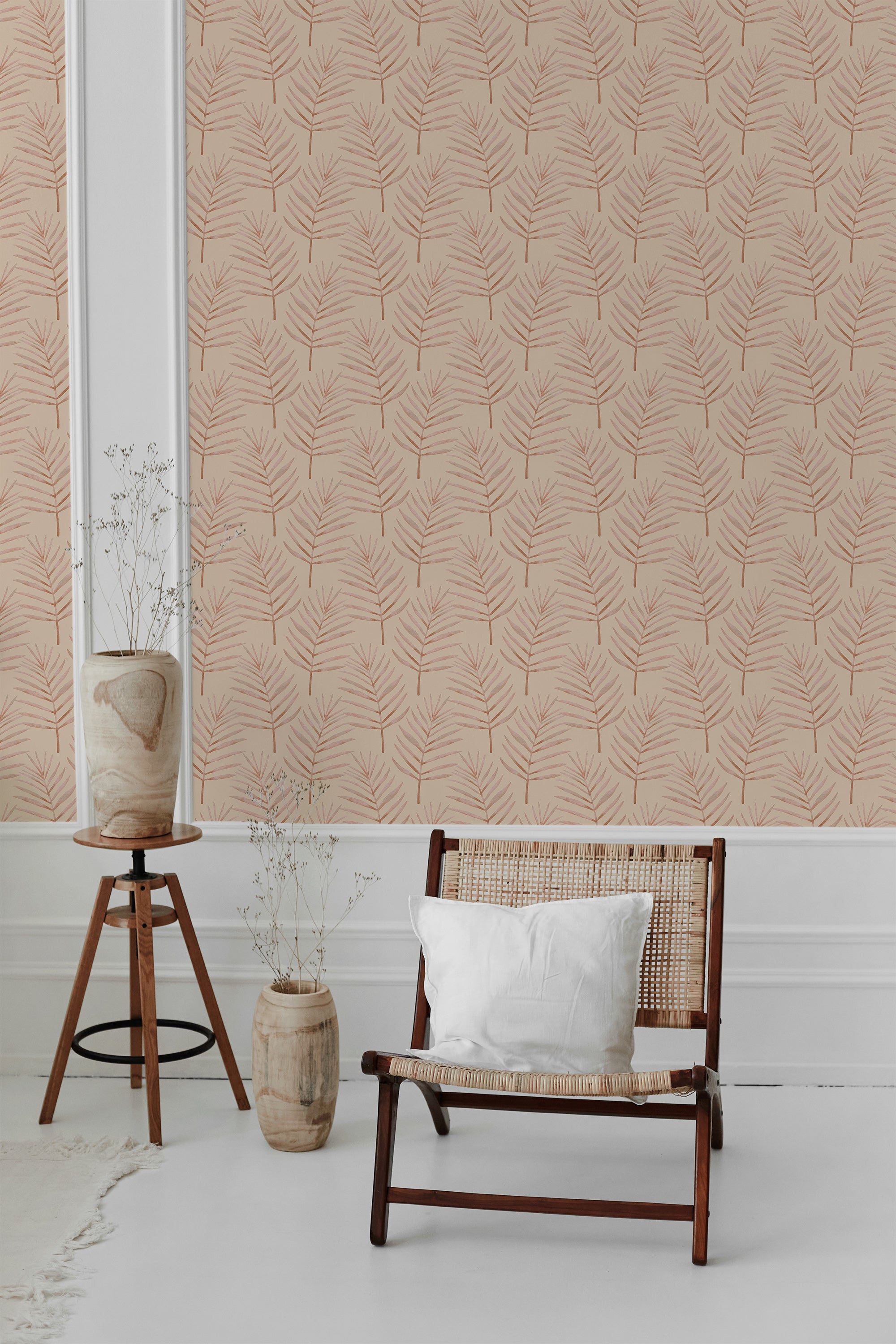 A room with Boho Palm leaves wallpaper design of stylized palm fronds in a repeating pattern, conveying a warm and natural aesthetic, completed with a traditional wallpaper finish.