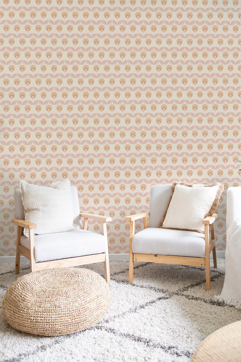 A cozy room with a beige Geometric retro flower wallpaper pattern, combining modern and traditional wallpaper styles.