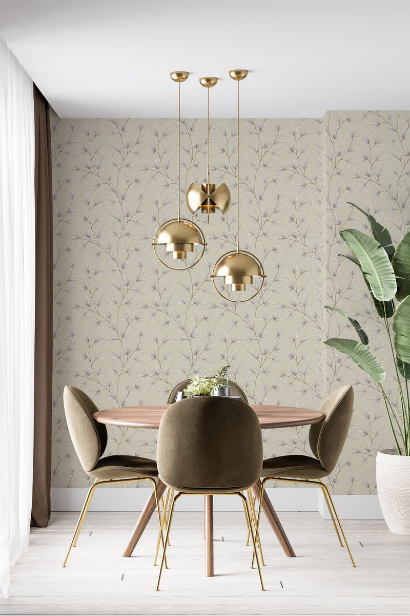 Neutral tree branch pattern on beige background covering a room's wall, creating a serene and natural look in a dining area, complemented by modern furniture and lighting, traditional wallpaper.