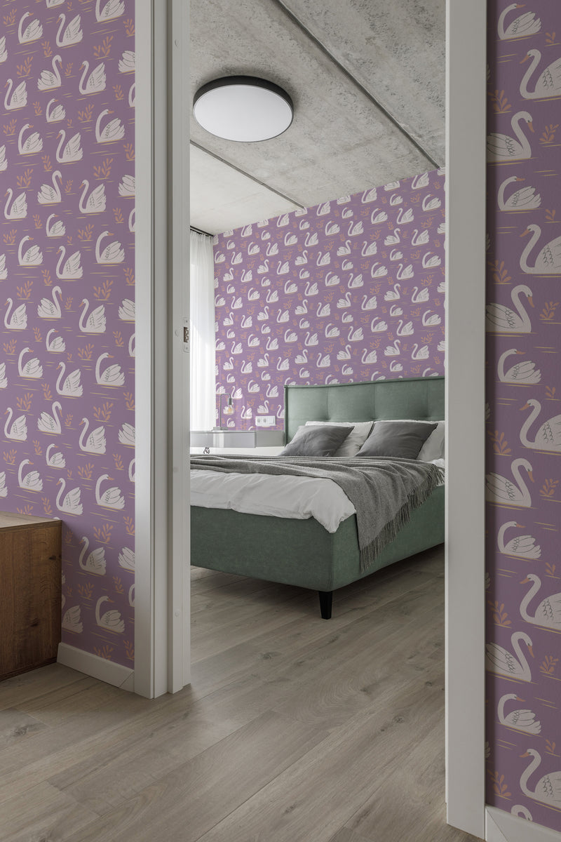 A room with purple wallpaper adorned with repeating white swan motifs, complementing a green bed, traditional wallpaper.