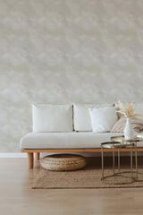 A room with a creamy-brown watercolor marbled wallpaper creating a serene and elegant backdrop, complementing a simple couch and modern decor, typical of traditional wallpaper.